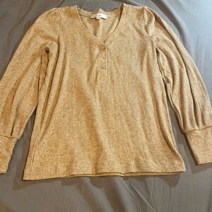LOFT Tan Ribbed Soft V-Neck 3-Button Long Sleeve Henley Top, Size‎ Medium
